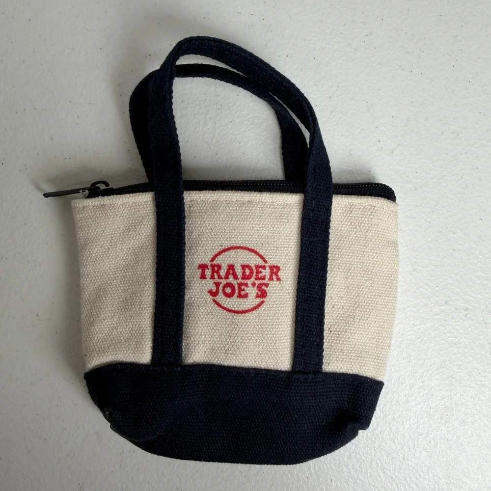 Trader Joe's Mini Canvas Tote Bag Coin Purse Navy Blue Cream Small Zipper Pouch
